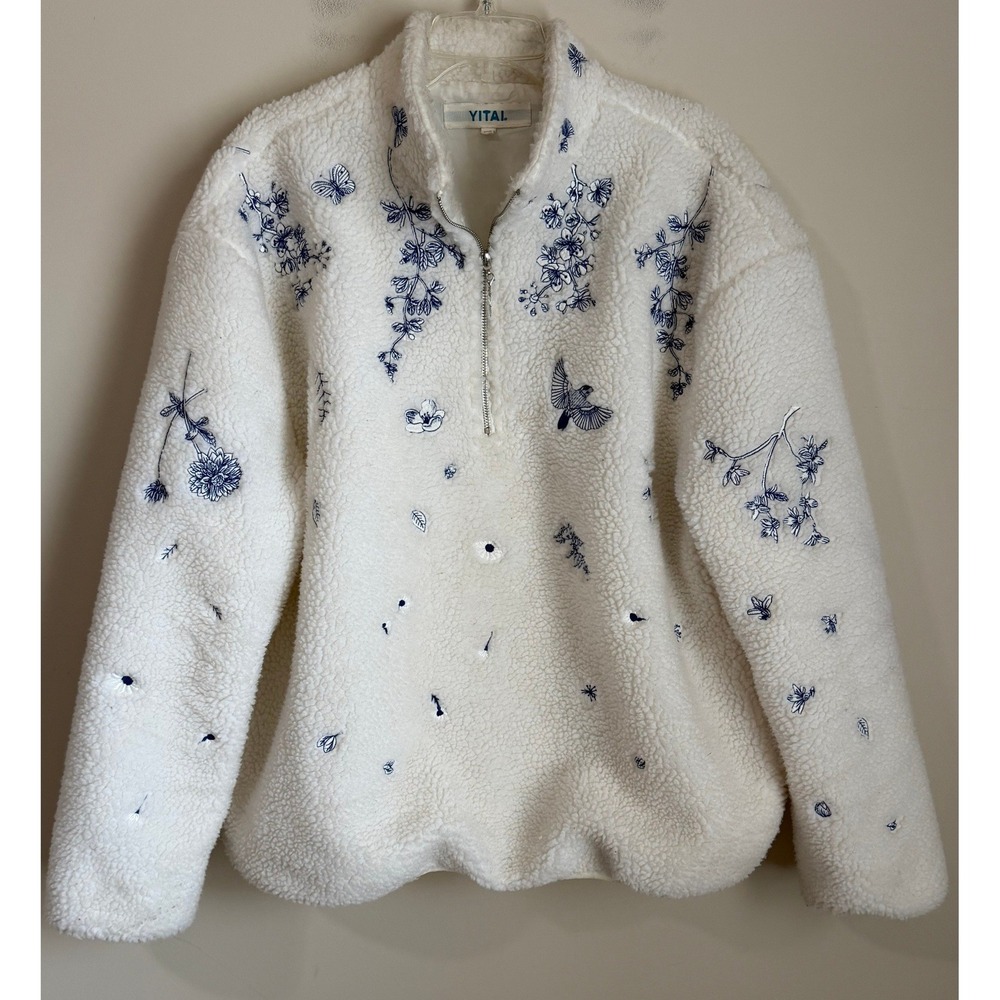 Yitai Fine China Sherpa Fleece Sweater Unisex White-Blue Size 2XL Embriodered
